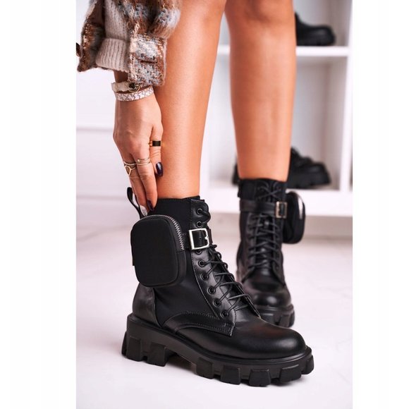 Joia Black Combat Boots - Size 39, NWOT - Edgy Style with Zipper Pouch - Picture 4 of 12